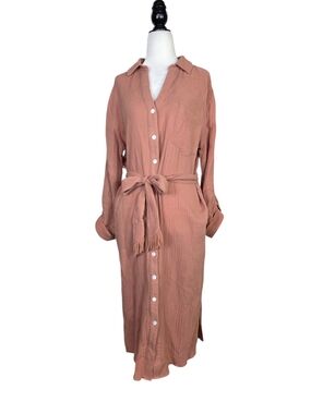 Heartloom Gauzy Cotton Button-Front Tie-Waist Long Sleeve Shirt Midi Dress